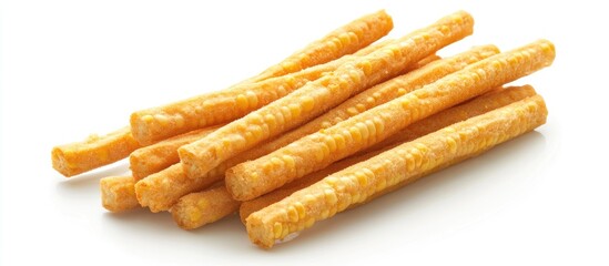 Crunchy golden corn sticks on a white background with textured surfaces ideal for snacking and culinary uses showcasing vibrant yellow colors.