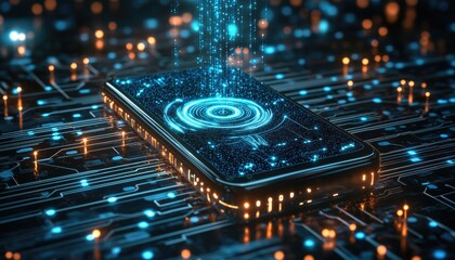 Fototapeta premium Digital Data Transfer to Smartphone on Circuit Board with Glowing Lights