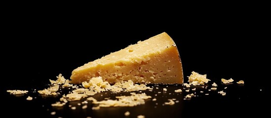 Wedge of Parmigiano Reggiano cheese with shavings on a black background showcasing rich texture and flavor in a gourmet setting.