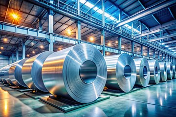 Galvanized Steel Coils in Modern Metal Processing Plant - Industrial Stock Photo