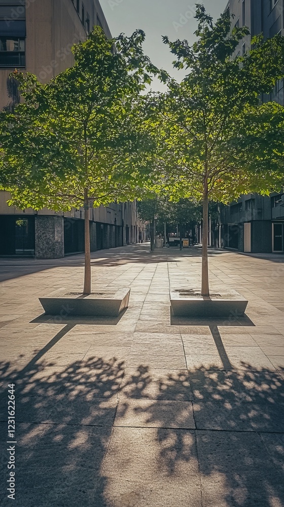 Poster two symmetrical trees casting shadows on a sunlit concrete pathway in a modern urban setting, creati