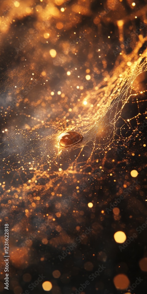 Poster a mesmerizing abstract image of a golden network with glowing particles and a central sphere, set in
