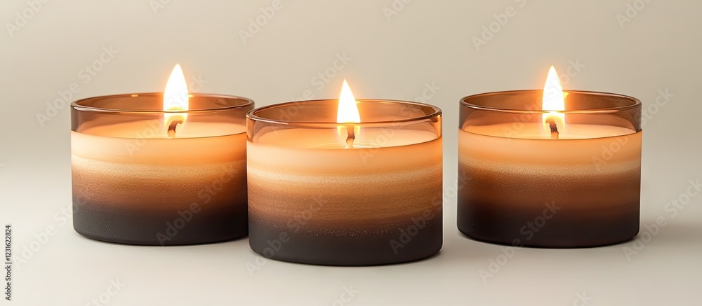 Poster warm ambiance with three lit candles in gradient brown glass holders placed on a soft cream backgrou