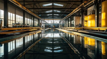 Obraz premium Industrial water treatment plant, reflective pools, factory interior