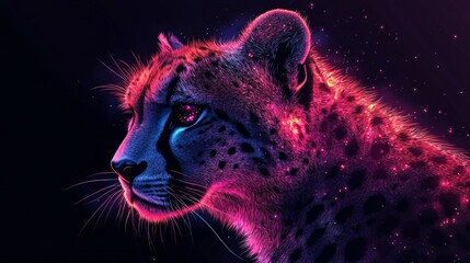 A vector illustration of a reflective cosmic cheetah fur texture with glowing neon constellation spots.