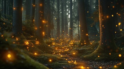 Fototapeta premium Enchanted Firefly Forest: A Mystical Night in the Woods