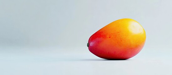 Vibrant ripe mango with bright yellow-orange and red hues positioned on light gray background, showcasing its succulent texture and fresh appeal.