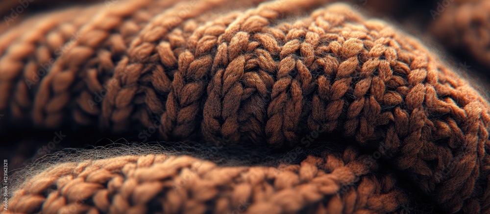 Poster close-up of soft brown knitted wool fabric displaying intricate texture and pattern detail, highligh