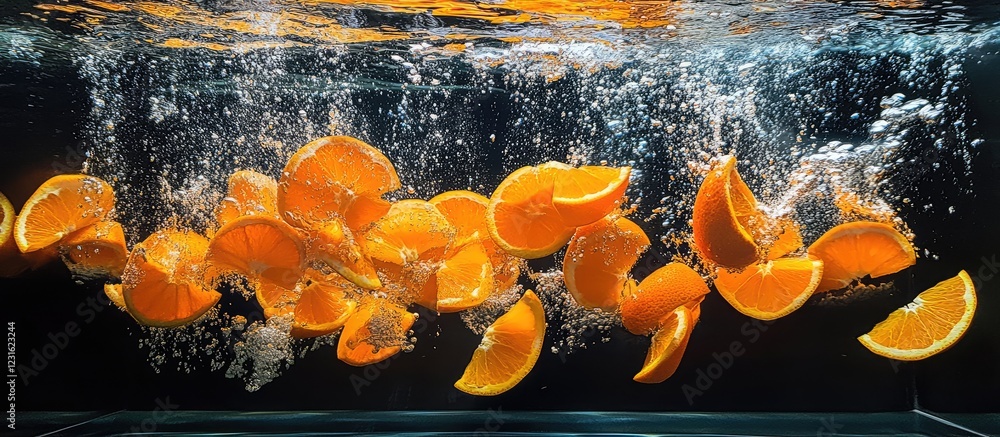 Poster vibrant orange slices cascading into water with dynamic splashes against a dark backdrop capturing t