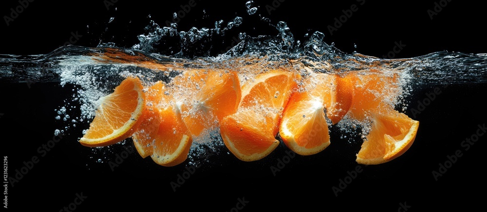 Poster vibrant orange slices create dynamic splashes in clear water against a black background showcasing a