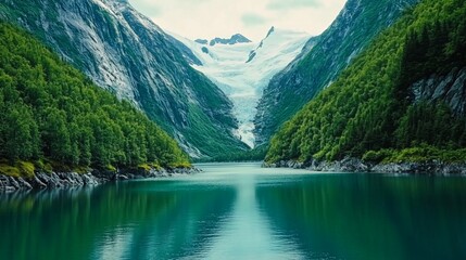 Fototapeta premium Glacier lake, mountains, green forest, calm water, Norway landscape, travel poster. Generative ai