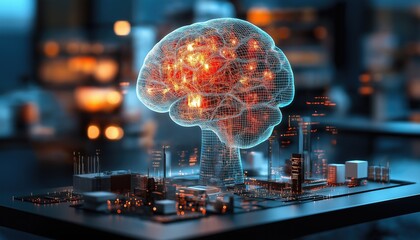 Artificial Intelligence Brain Over Data City Grid with Futuristic Tech