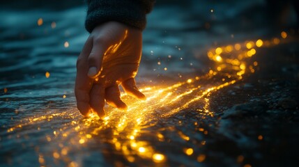 A person's hands press against the ground, leaving bright, glowing traces in the shape of hands.