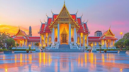 Naklejka premium Wat Benchamabophit Marble Temple Dawn Reflective Pool