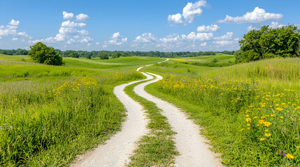 Fototapeta premium Winding country road through wildflowers, sunny day, rolling hills background. Ideal for travel brochures