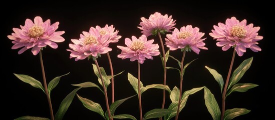 Pink Knautia flowers in bloom arranged in a row with green leaves on a dark background showcasing vibrant petals and delicate details.