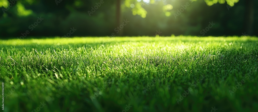 Poster lush green grass in a serene front yard with sunlight piercing through trees and selective focus cre