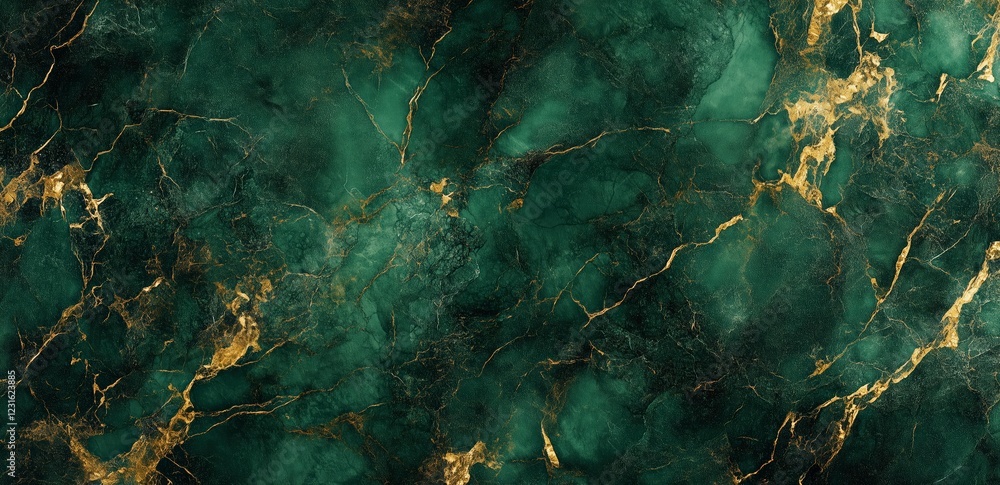 Poster Emerald and Gold Marble Texture: Luxurious deep green marble with intricate gold veining, creating a sophisticated and elegant backdrop. Ideal for design projects, presentations.