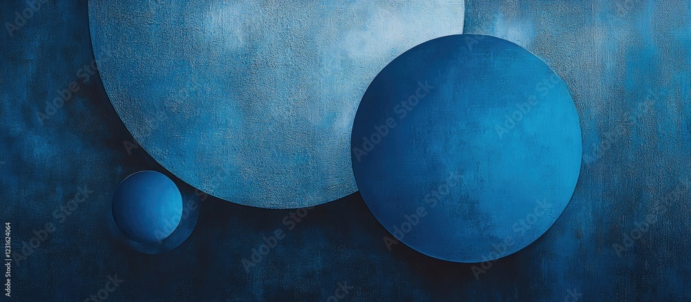 Poster abstract composition featuring large and small blue spheres against a textured dark blue background,