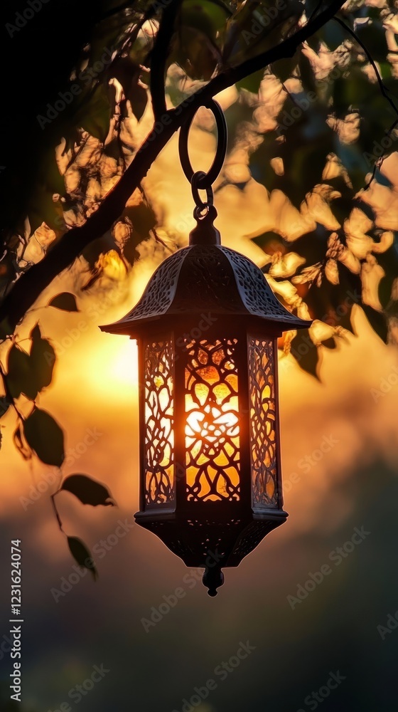 Poster a decorative lantern hangs from a tree branch, illuminated by the warm glow of a sunset, creating a 