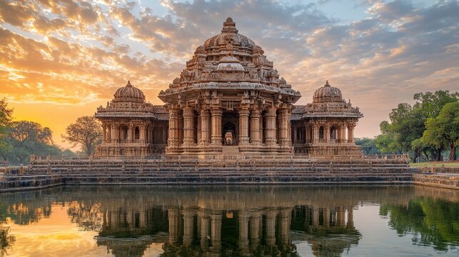 Modhera Sun Temple Sunrise Sacred WaterTank Reflections