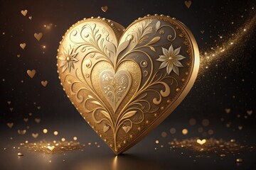 golden heart with stars Valentine's Day 3D heart shape, cartoon style love heart 3D rendering