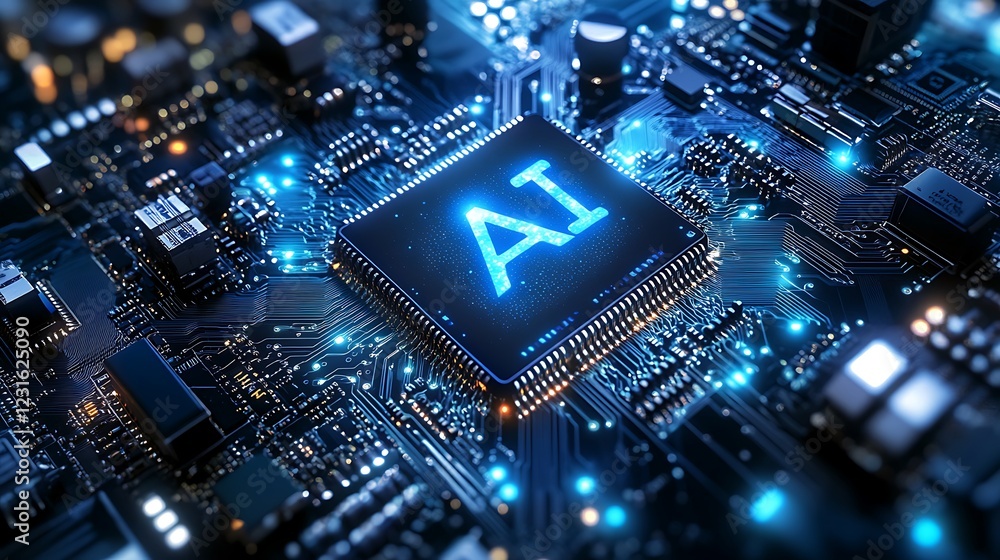 Aufkleber high-tech ai processor chip glowing blue, suspended over an intricate circuit board with visible con