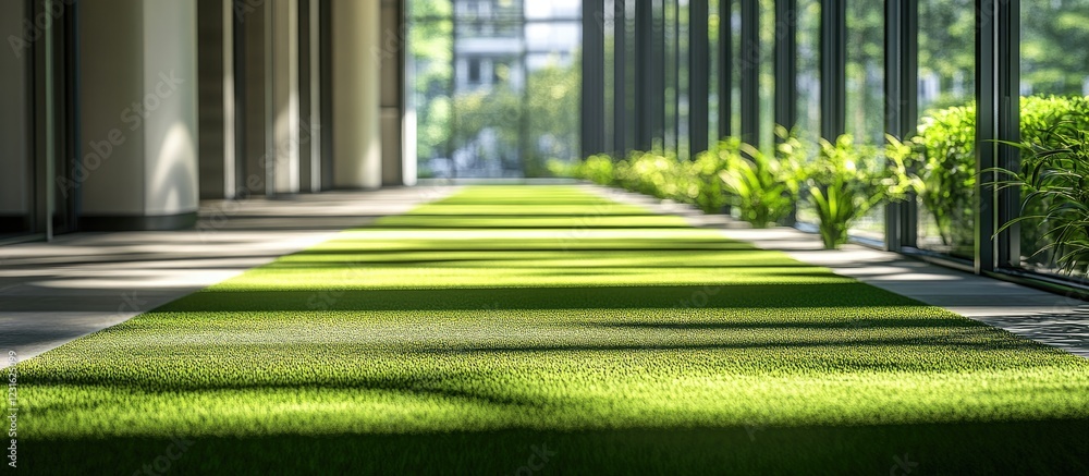 Aufkleber vibrant green carpet texture lines a spacious corridor with soft natural light, creating a fresh and