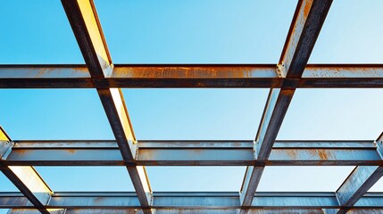 Interlocking Steel Beams Structure Against Clear Blue Sky Background