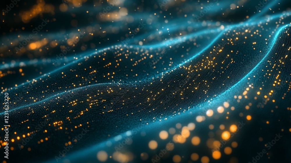 Poster this abstract image features glowing particles flowing through gentle waves of blue and orange light