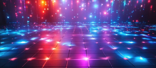 Vibrant disco dancefloor illuminated by colorful LED lights in shades of blue, pink, and purple creating an energetic atmosphere for dancing