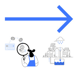 Large blue arrow pointing right, person examining financial data under magnifying glass, money exchange, sustainable building with water recycling system. Ideal for business strategy, financial
