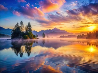 Misty Sunrise Reflections: Tranquil Lake and Majestic Mountains