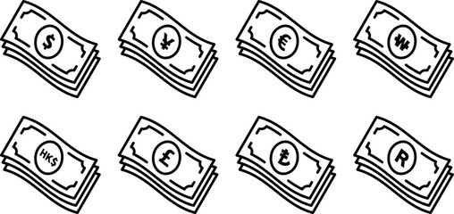 Collection of banknote icons from 8 countries.