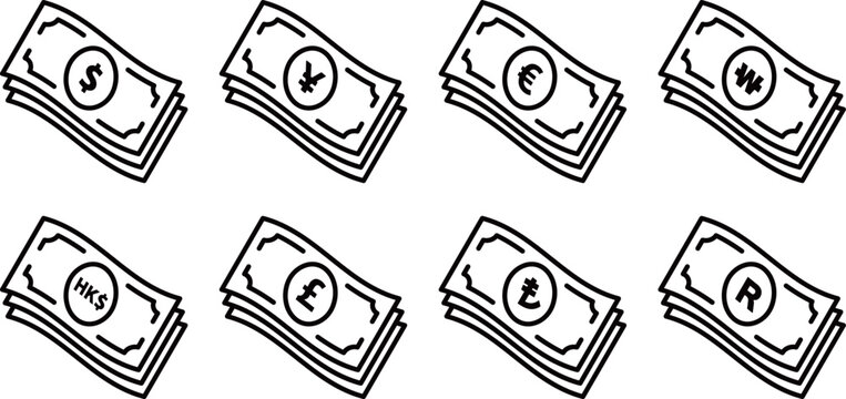 Collection of banknote icons from 8 countries.