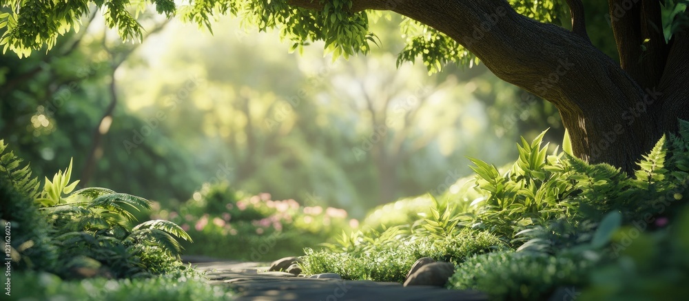 Poster lush green foliage in the foreground frames a serene path under arching branches with soft sunlight 