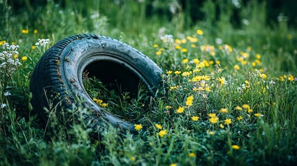 Fototapeta premium Abandoned Half-Buried Tire Surrounded by Vibrant Green Grass and Flowers