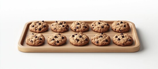 Freshly baked chocolate chip cookies displayed on a wooden tray, arranged in two rows of five, against a clean white background.