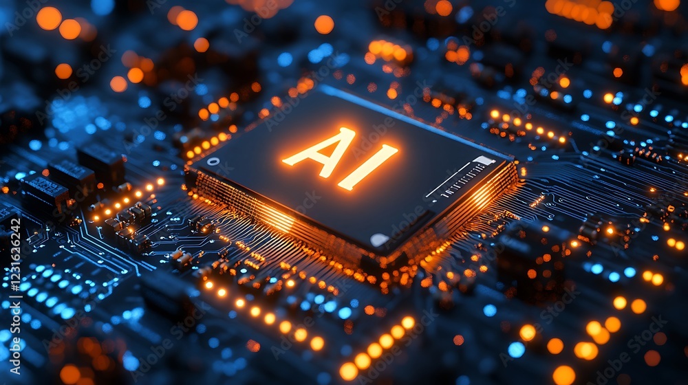 Aufkleber futuristic ai chip embedded in an electronic circuit board with a central brain pattern