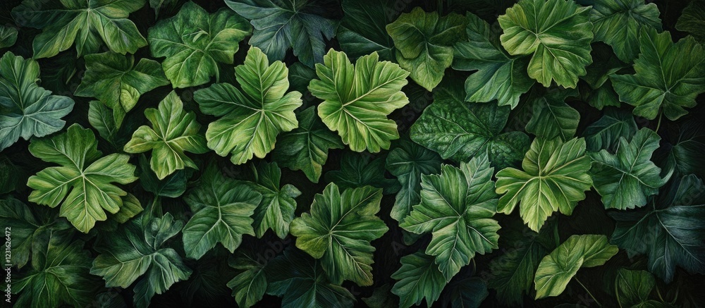 Aufkleber lush green leaves in various shades of deep green arranged randomly on a dark background, showcasing