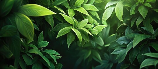 Vibrant lush green leaves densely layered in a tropical forest setting with soft diffused light creating a serene natural atmosphere.
