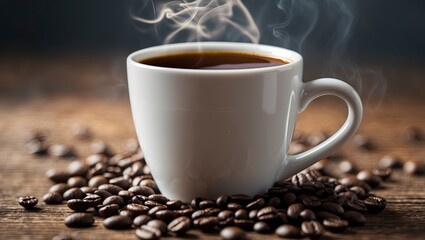 Obraz premium a close-up of a white coffee cup with a handle on the right side. The cup is filled with a dark brown liquid, which appears to be freshly brewed coffee.