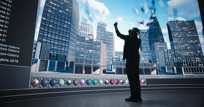 Architectural Designer in a VR Headset Creates a Seamless Integration of Architecture and Parametric AI Design Based on Engineering Data and Algorithms. Big Screen Streaming Digitization Results