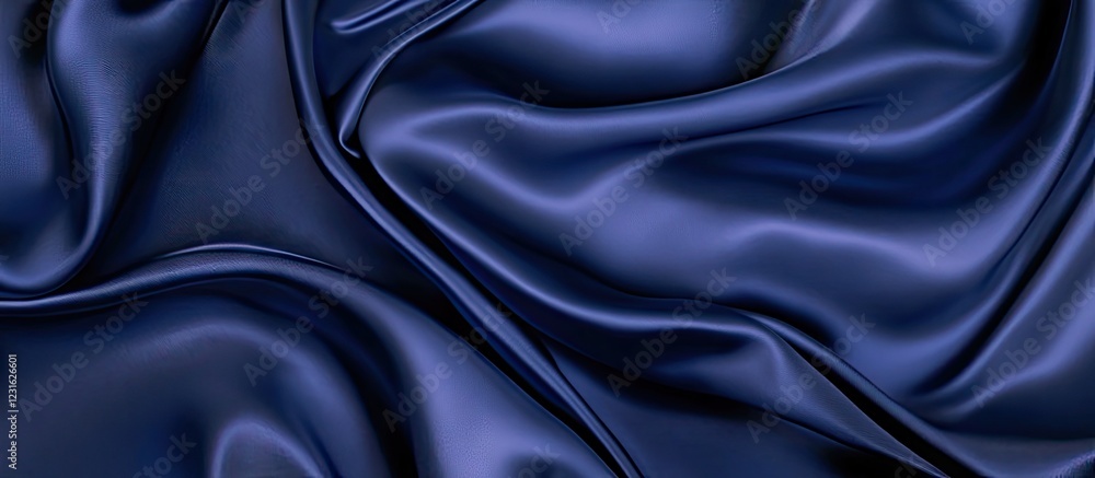 Poster navy blue satin fabric draping elegantly with soft folds and highlights enhancing depth and sophisti