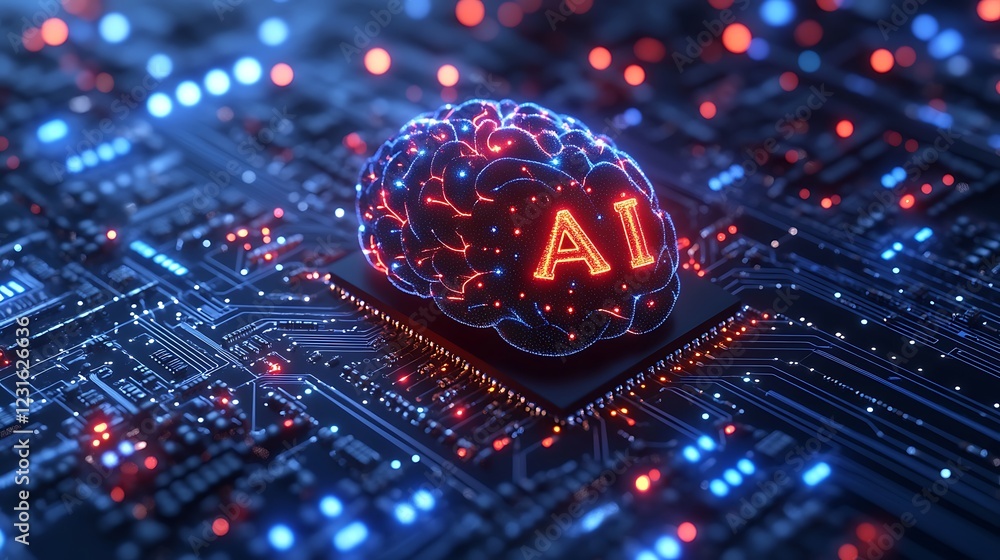 Poster ai chip on an electronic circuit board with a brain pattern at the center, futuristic technology con