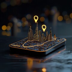 A futuristic cityscape model with glowing markers, symbolizing technology and urban development on a sleek platform.