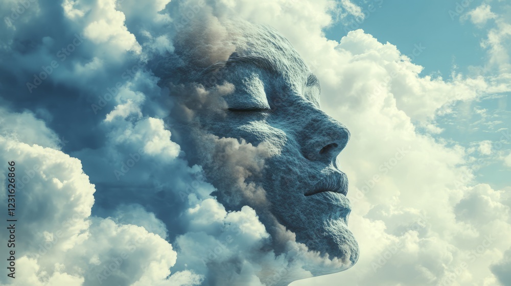 Poster a surreal image of a stone face merging with clouds, evoking a sense of imagination and tranquility 