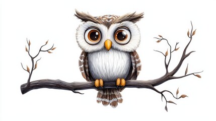 Fototapeta premium A cute cartoon owl perched on a branch, showcasing big eyes and soft feathers, perfect for children's decor or educational materials.