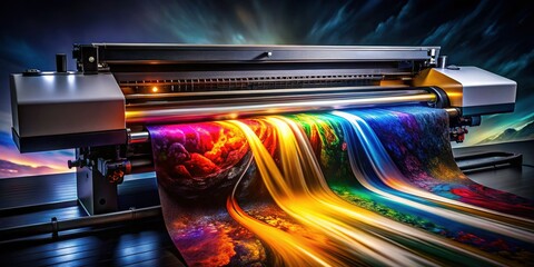 Nighttime Large Format Inkjet Printer in Action - Vibrant Colors & Dramatic Lighting