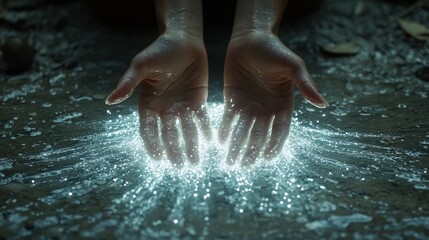 Fototapeta premium A person's hands press against the ground, leaving bright, glowing traces in the shape of hands.